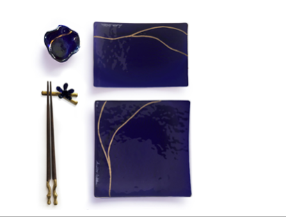 Murano Atelier Blue Glass Sushi Set Flat Plate Form